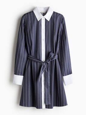 H&M Navy Pinstripe Shirt Dress with White Collar & Cuffs